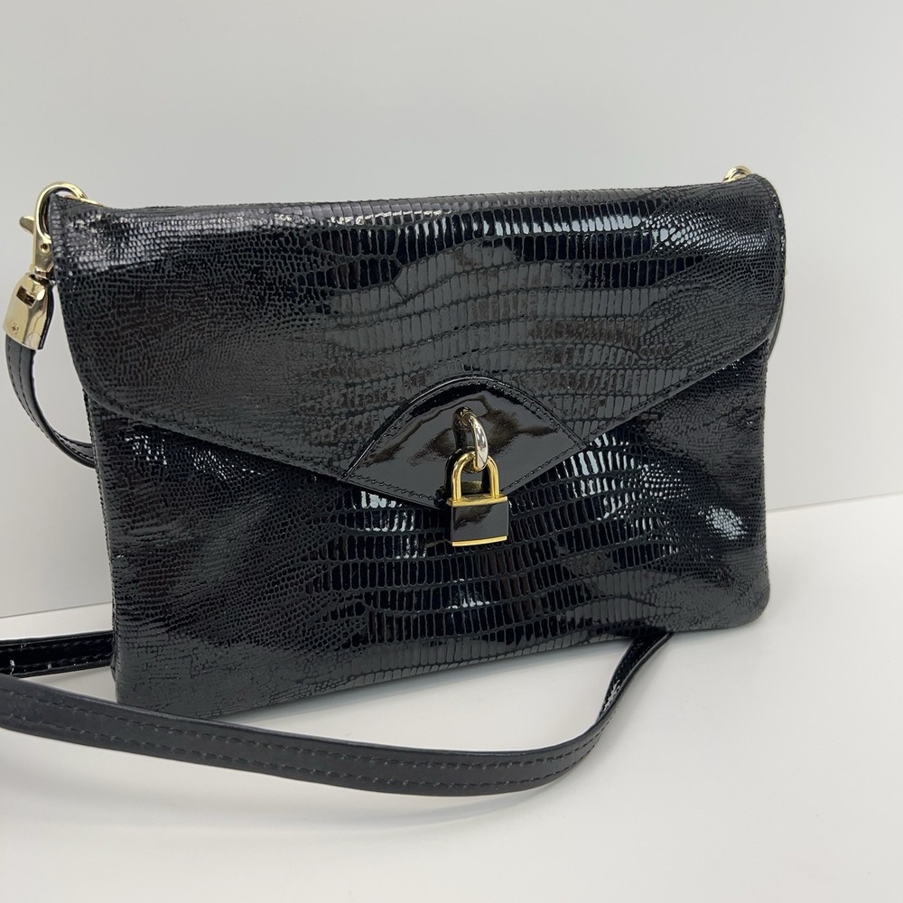 Vtg DUE FRATELLI Leather Purse Black Croc Embossed Crossbody Clutch Bag Classic - Picture 2 of 15